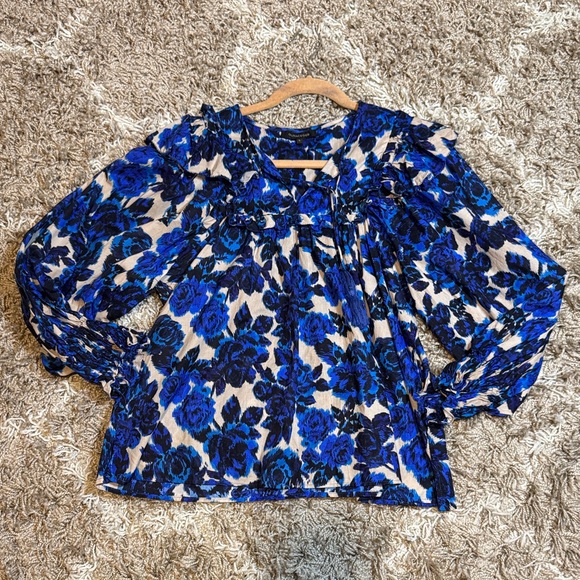 Olivaceous Blue & Black Cotton Floral Boho Blouse size Large - Picture 16 of 16